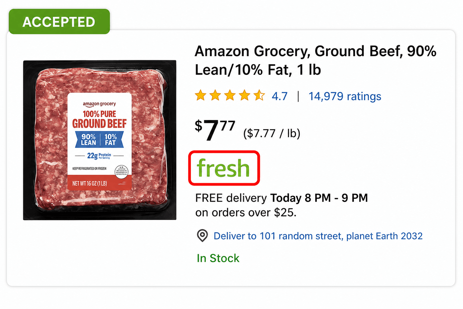 Amazon Fresh product page with the fresh store tag circled