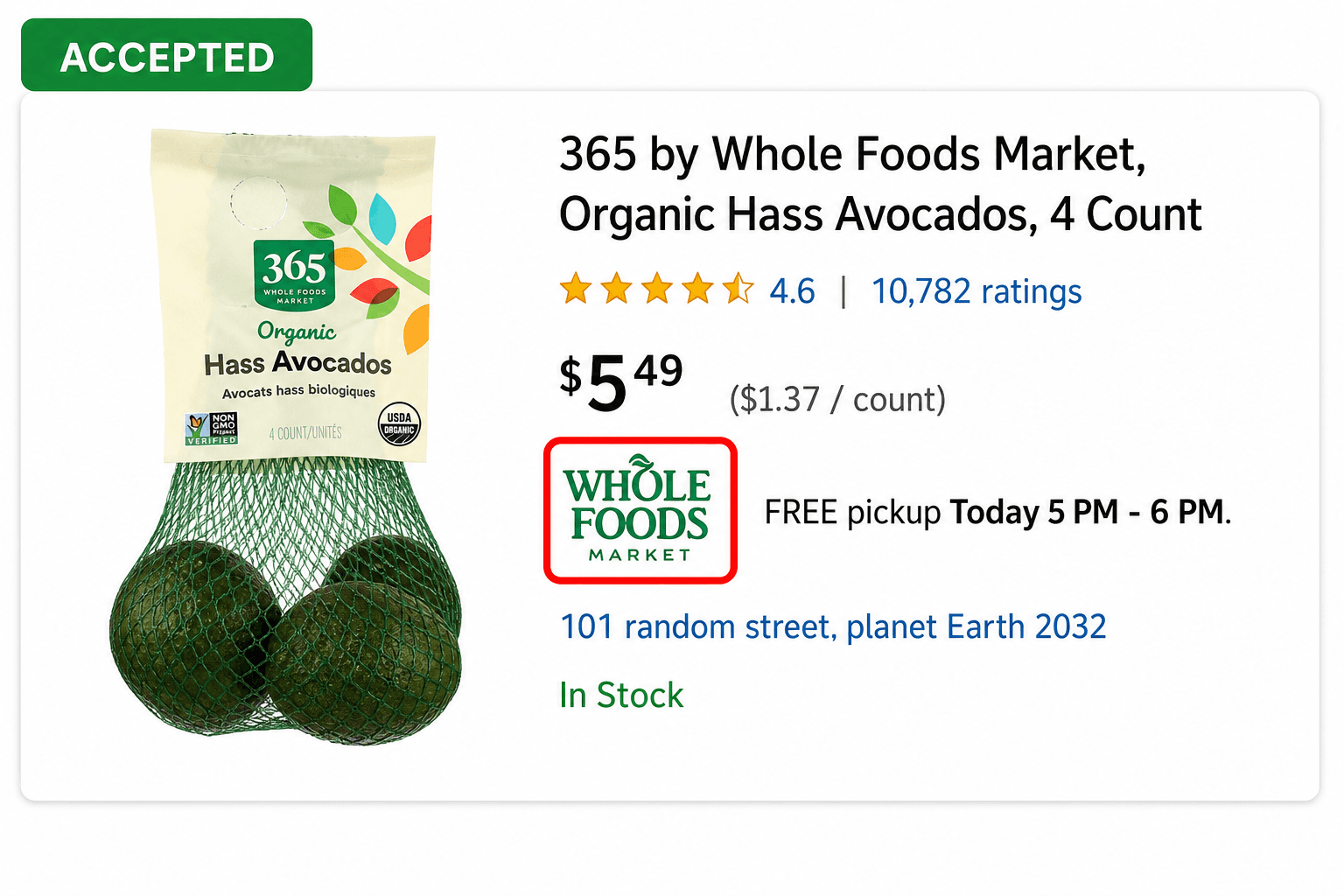 Whole Foods Market product page with the store tag circled