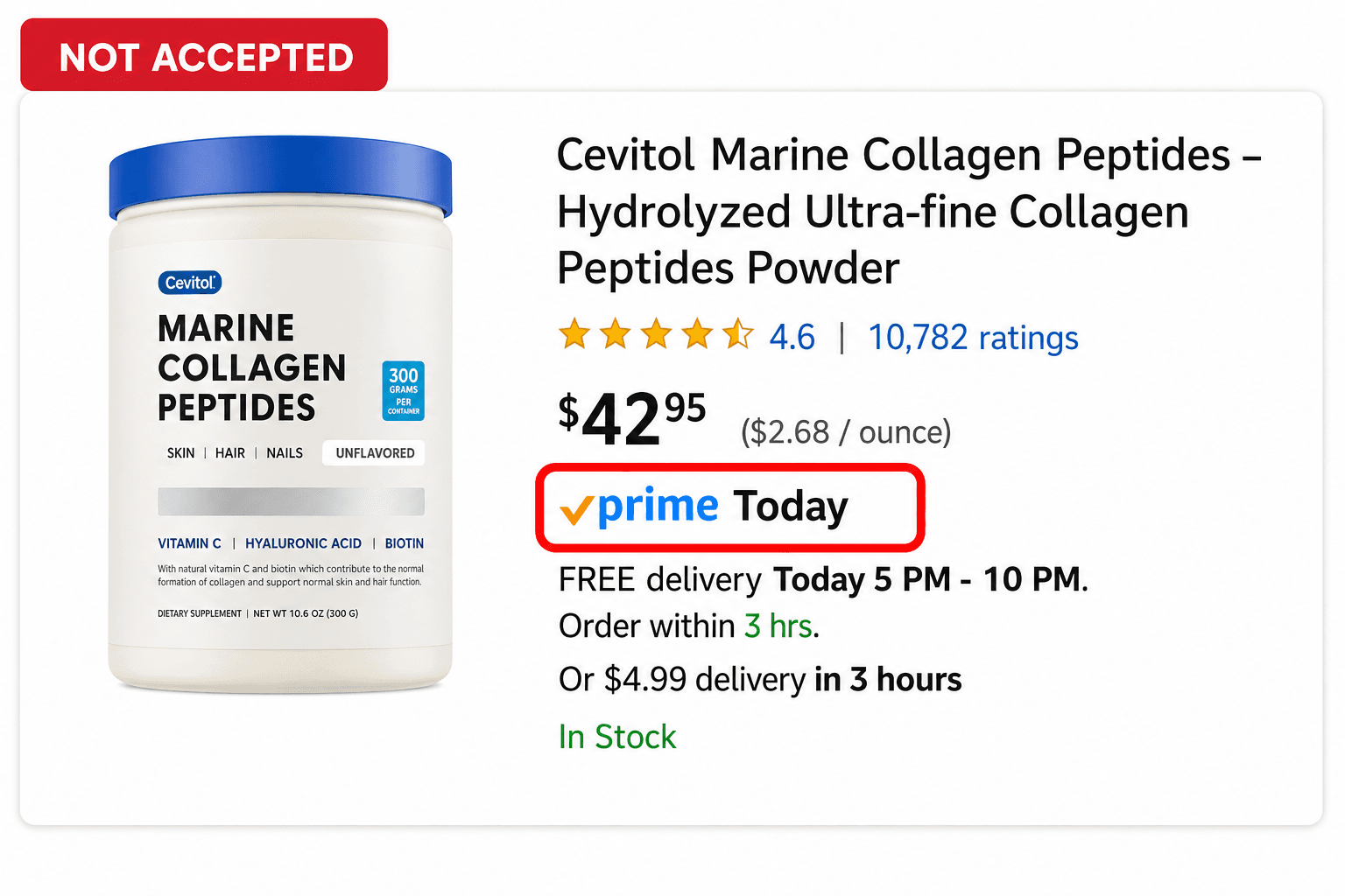 Amazon product card with the prime Today same-day tag flagged as not accepted