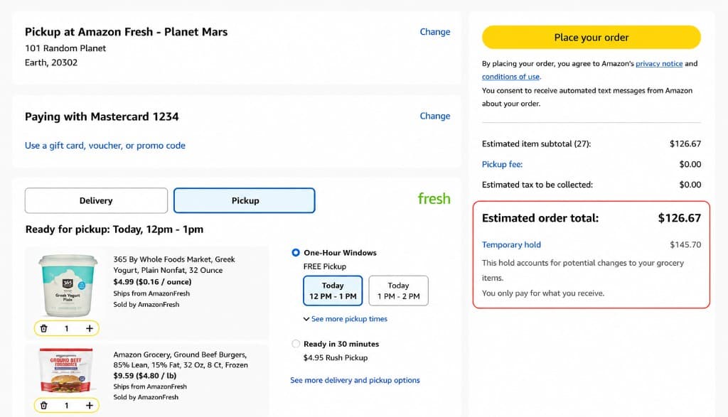 Amazon checkout with the Estimated order total and temporary hold highlighted